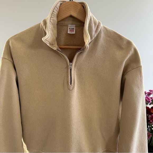 RE/DONE x Hanes 70's half-zip sweatshirt • small • cropped • khaki • flaw* - Picture 2 of 12